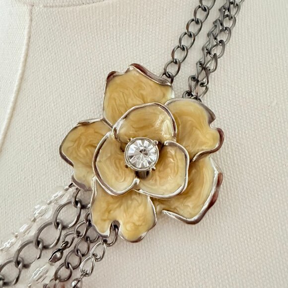 🌼✨ Layered Statement Necklace – Multi-Strand Chains, Crystals & Shell Beads - Picture 2 of 12